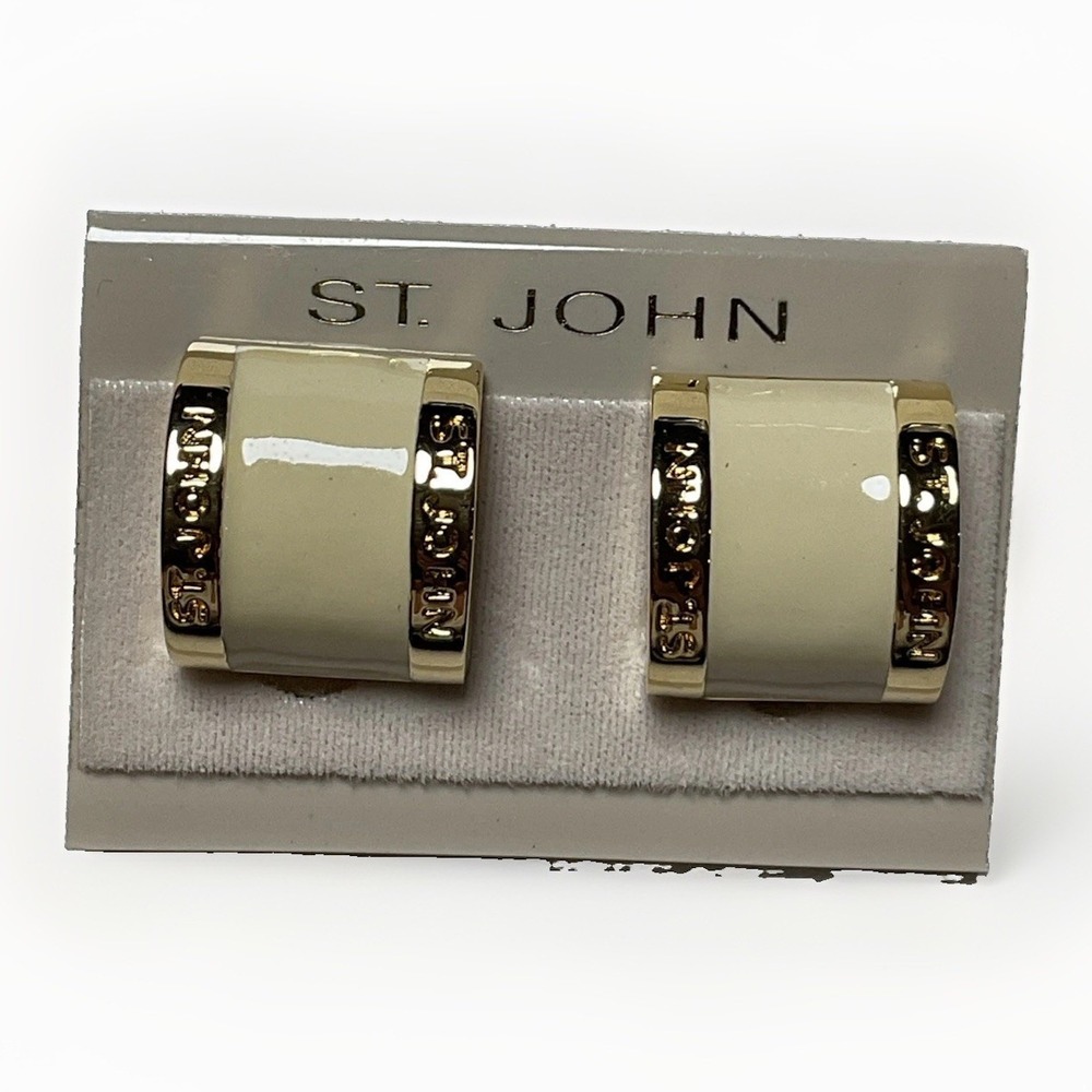 Vintage ST. JOHN Cream Enamel Clip Earrings‎ Gold Tone - 1980s Logo Designer